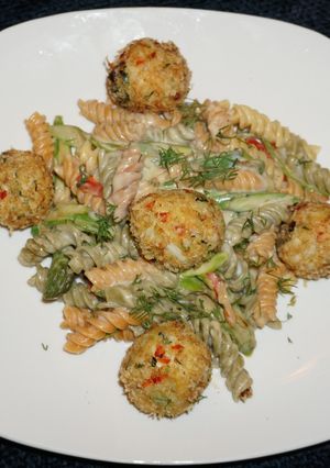 A picture of Crab Meatballs, Tri-Color Spiral Pasta, and Dill Sauce. Jon Style.