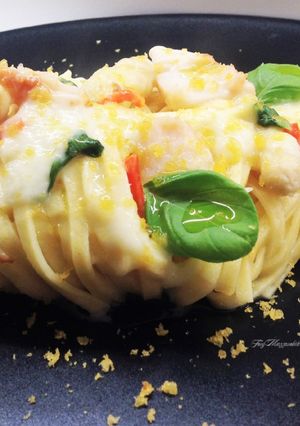 A picture of Tagliolini with Asparagus Cream, Scallops, and Bottarga.