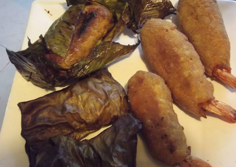 Tamales de gambas en hoja de plátano asados o fritos geras