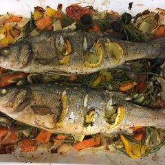 Roast seabass on a bed of roasted vegetables and samphire A picture of Roast seabass on a bed of roasted vegetables and samphire.