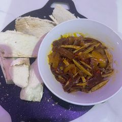 A picture of Roasted Ji (yam) and sauce.