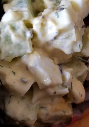 A picture of Hard boiled eggs and kiwi dill salad.