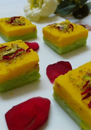 A picture of Two layered kesar pista sandesh.