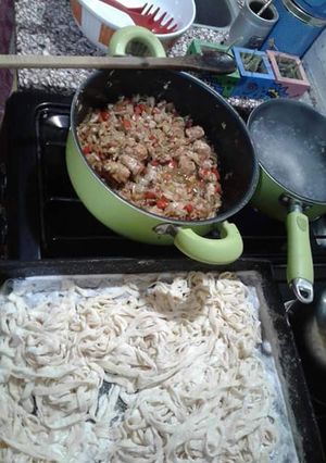 Una foto de Fideos caseros con pollo en salsa de soja