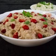 Barnyard millet Farali Upma with cucumber raita A picture of Barnyard millet Farali Upma with cucumber raita.