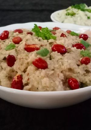 A picture of Barnyard millet Farali Upma with cucumber raita.