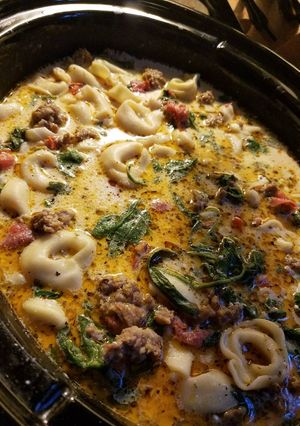 A picture of Crockpot Sausage Tortellini Soup.