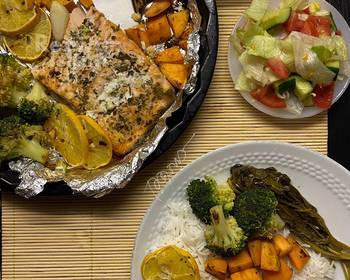 How To Cooking Recipe Oven baked salmon sweet potatoes and broccoli Practical Delicious