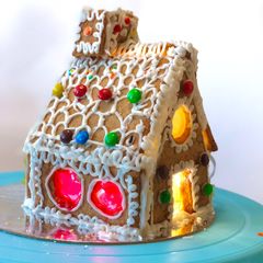 A picture of “Eggless Gingerbread House” with icing.