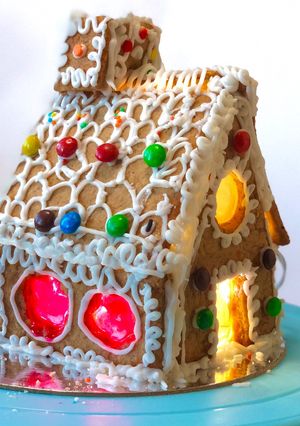 A picture of “Eggless Gingerbread House” with icing.