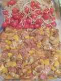 Champiñones y Tocino Gratinados/Cherry y Germen de Soya Salteado