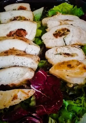 A picture of Chicken breast with basil and sundried tomato.
