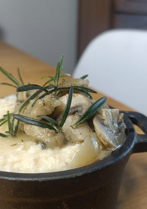 A picture of Celery Root Purée with Comté Cheese and Mushrooms.