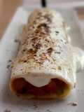 Canelones de pisto con bacalao gratinados con lactonesa de mostaza con miel