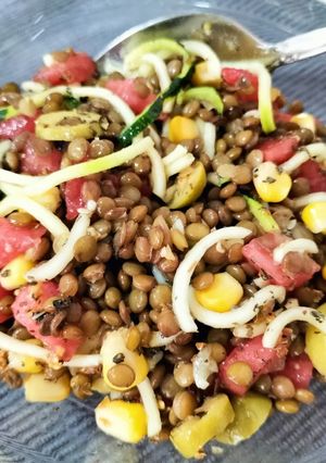Foto principal de Ensalada de lentejas con sandía y calabacín