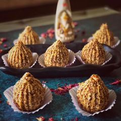 A picture of Sugarfree roasted chana dal and flax seed modaks.