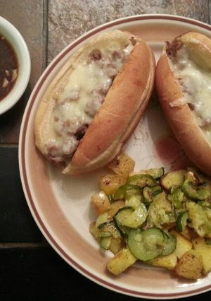 A picture of Quick French dip Sandwiches with Au jus.