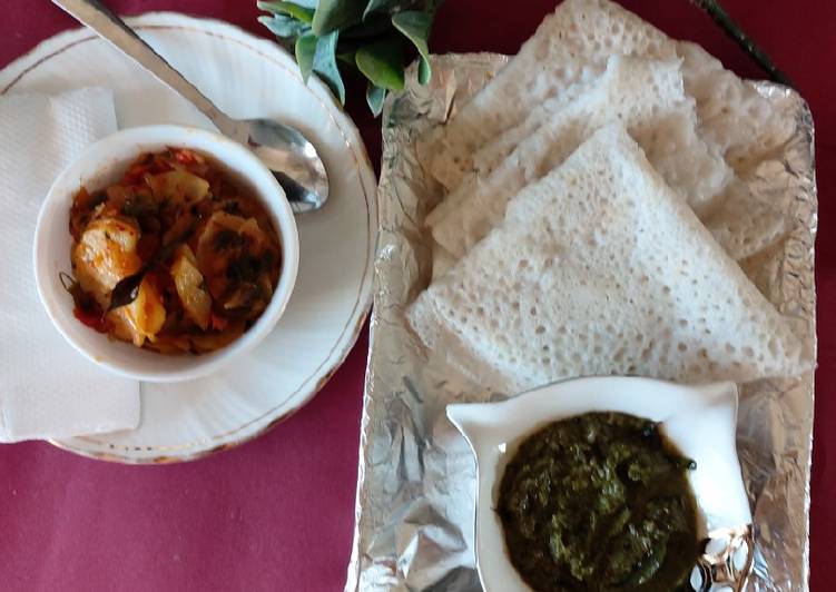 Neer dosa and potatoes with coconut chutney