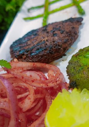 A picture of Pan-fried Chicken with Hara Bhara Kebab, Asparagus & Laccha onion.