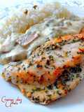 Filetes de pechuga de pollo en salsa de champiñones y macis