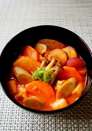 A picture of Tomato and Miso Autumn Vegetable Kenchin Soup.