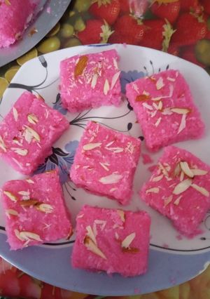 A picture of Coconut Rose Burfi (Khopra Pak).