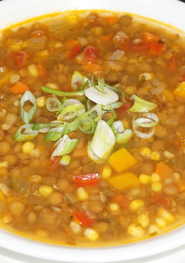 Una foto de Sopa de lentejas vegana a la jardinera
