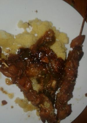A picture of Honey Soy Kebabs with BBQ vegetables and Cous Cous.
