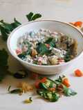 A healthy breakfast-Fermented Farro with curd, sprouts, and veggies