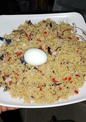 A picture of Homemade dry fish noodles and boiled egg❤️.