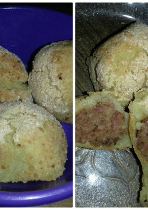 Una foto de Bomba de papa al horno rellana con mini albóndigas 😋😄
