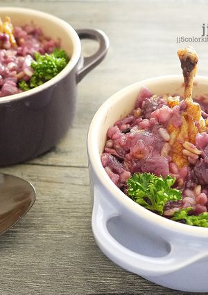 紫地瓜雞翅燉飯 的食譜成品照片