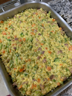 A picture of Ham and veggie cheesy casserole.