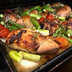 A picture of Sheet Pan Roast Balsamic Chicken with Tomatoes, Onions & Asparagus.