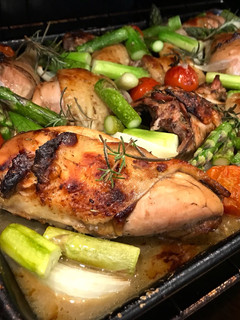 A picture of Sheet Pan Roast Balsamic Chicken with Tomatoes, Onions & Asparagus.
