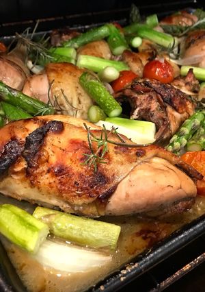 A picture of Sheet Pan Roast Balsamic Chicken with Tomatoes, Onions & Asparagus.