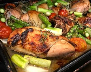 Easy Fast Cooking Sheet Pan Roast Balsamic Chicken with Tomatoes Onions  Asparagus Delicious Nutritious