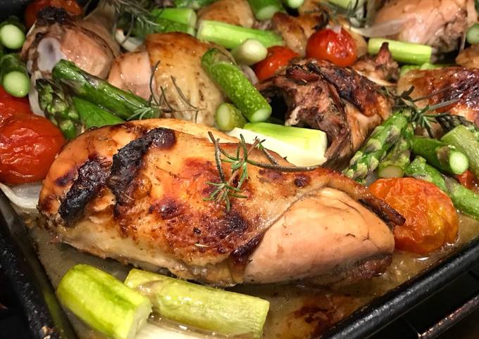 Sheet Pan Roast Balsamic Chicken with Tomatoes, Onions & Asparagus