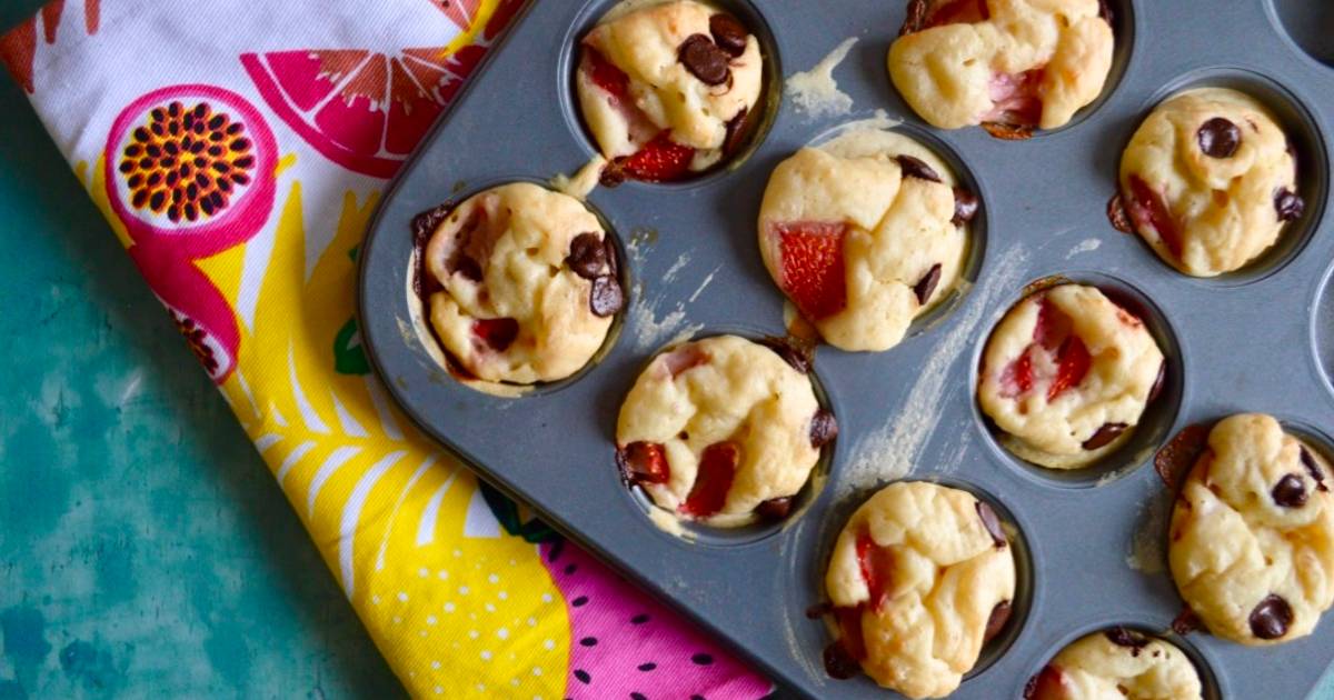 Strawberry Choc Chip Mini Pancake Muffins Recipe By Fiona Free From Favourites Cookpad