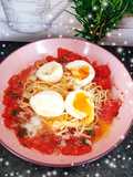 Spaghettis 🍝 œufs mollets Tomates pelées 🍅