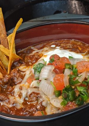 A picture of Tex-Mex inspired brisket chili.