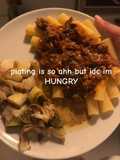 Stewed beef and rigatoni with white wine braised leeks
