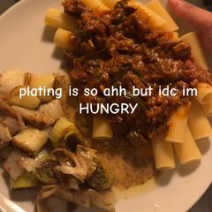 A picture of Stewed beef and rigatoni with white wine braised leeks.