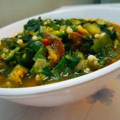 A picture of Okro and garden egg leaf soup.