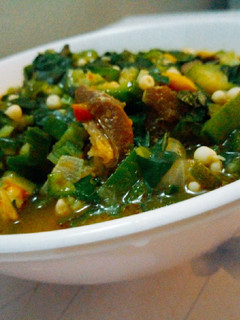 A picture of Okro and garden egg leaf soup.