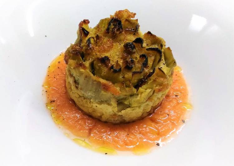 Carciofo, farinata di ceci, crema di pomodoro crudo