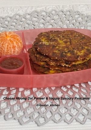 A picture of Cheesy Moong Dal Paneer & Veggie Savoury Pancakes 🥞 | Healthy Lunch Box & Tiffin Recipe.