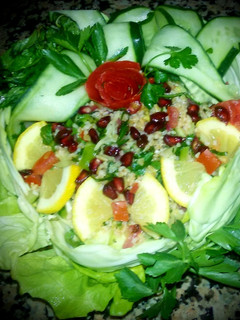 A picture of Syrian tabbouleh with cabbage as a dish to put the tabbouleh mix.