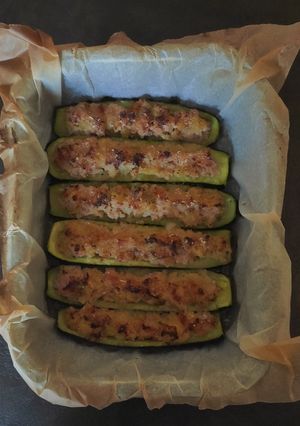 A picture of Zucchini Stuffed with Ham and Parmesan Cheese.