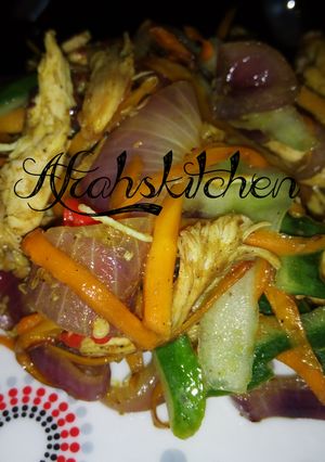 A picture of Vegetables and chicken breast sauce.